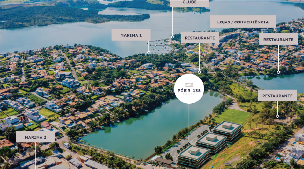 Vista aérea da região de Escarpas do Lago com a localização do Píer 135, marinas, restaurantes e clube